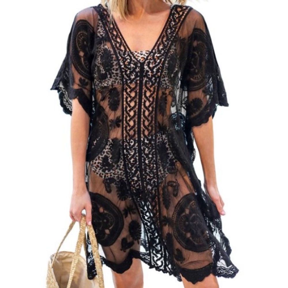 Floral mesh bikini coverup in black size M/L